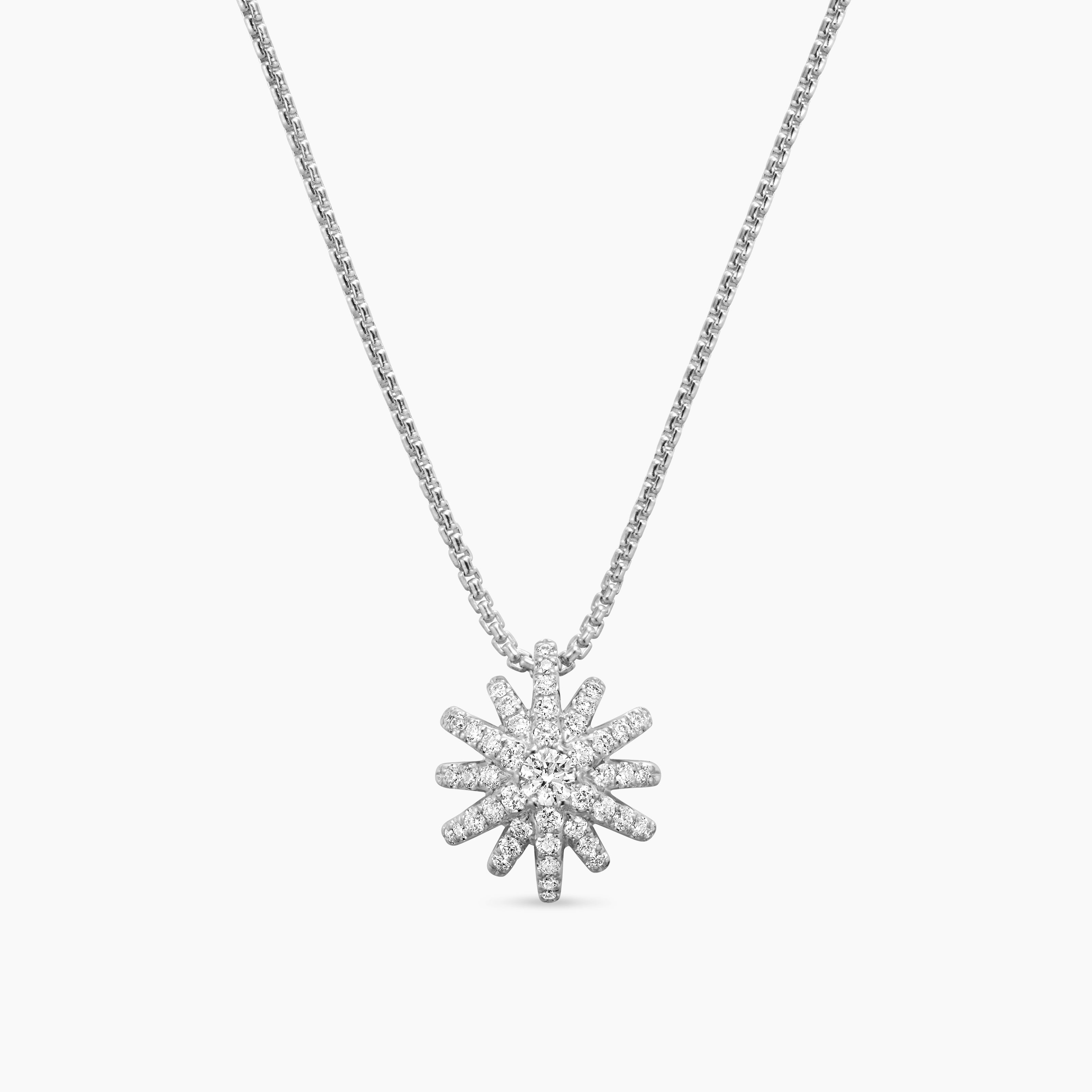 Womens Starburst Pendant Necklace in 18K White Gold with Diamonds, 12mm