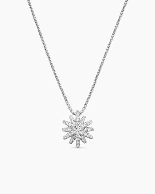 Womens Starburst Pendant Necklace in 18K White Gold with Diamonds, 12mm