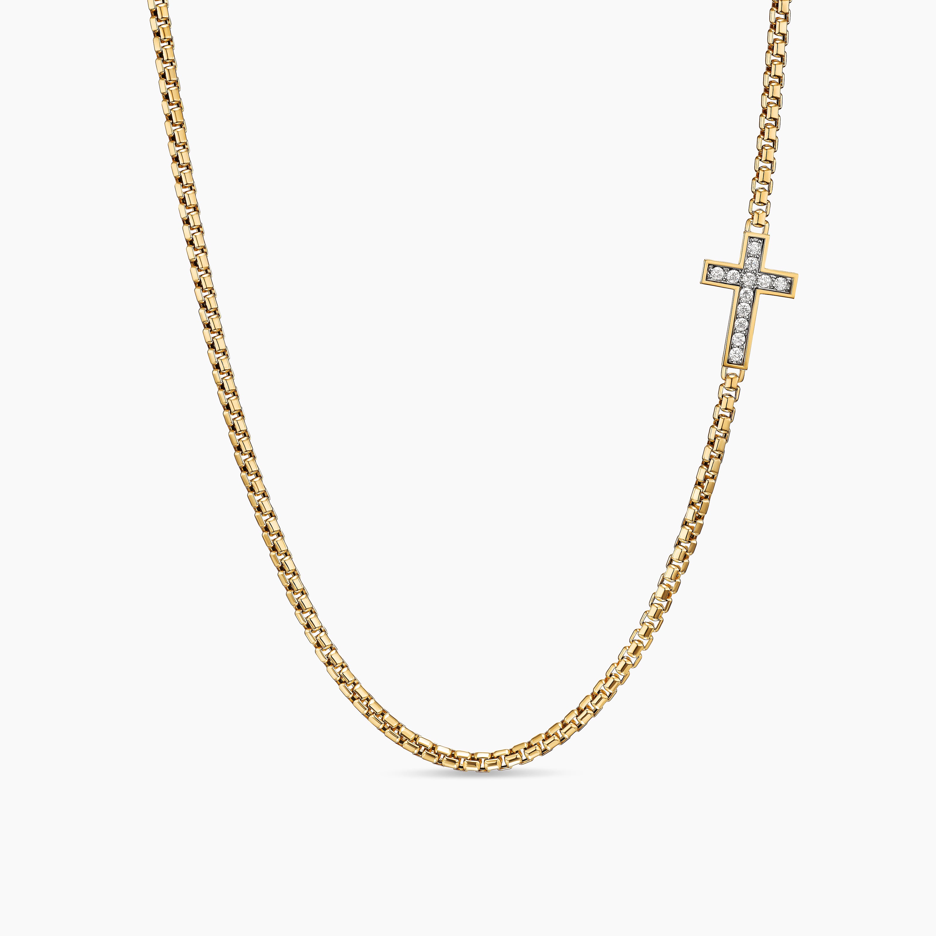 Mens Cross Station Necklace in 18K Yellow Gold, 3.4mm