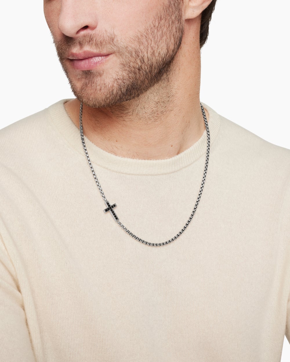Mens Cross Station Necklace in Sterling Silver with Black Diamonds, 3.4mm