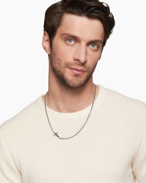 Mens Cross Station Necklace in Sterling Silver with Black Diamonds, 5mm