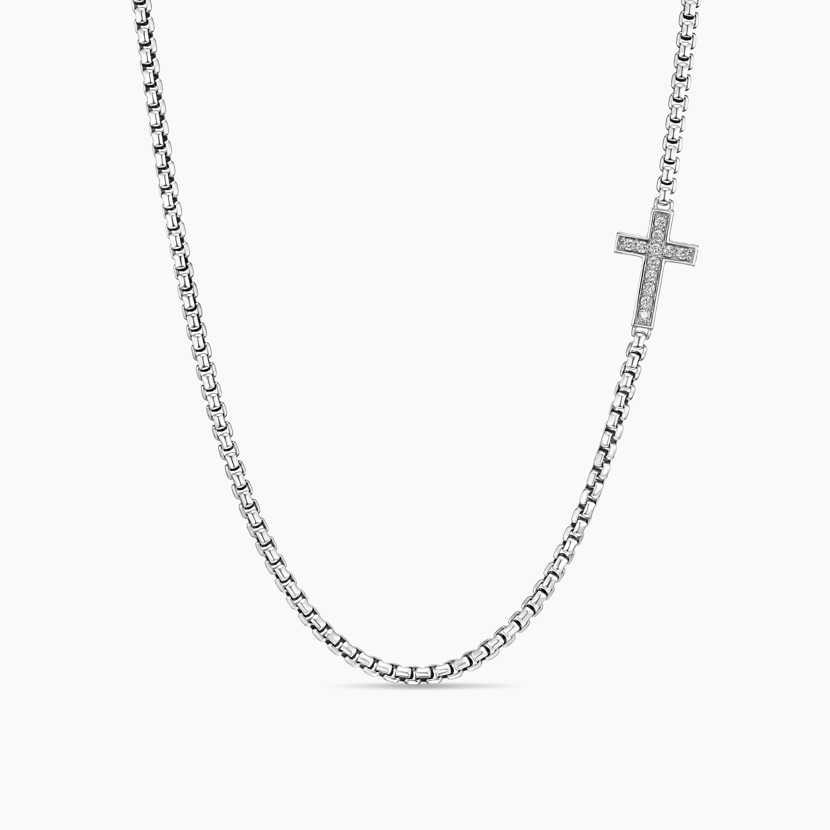 Mens Cross Station Necklace in Sterling Silver with Diamonds, 3.4mm