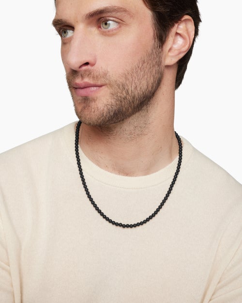 Mens Spiritual Beads Necklace with Black Onyx and Sterling Silver, 5mm