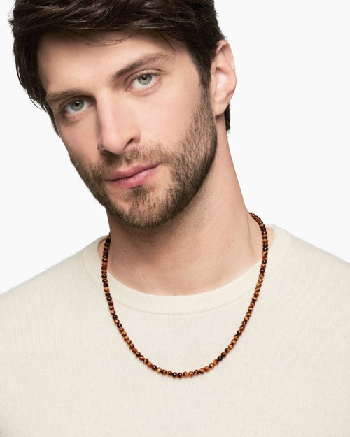 Mens Spiritual Beads Necklace with Tiger’s Eye and Sterling Silver, 5mm