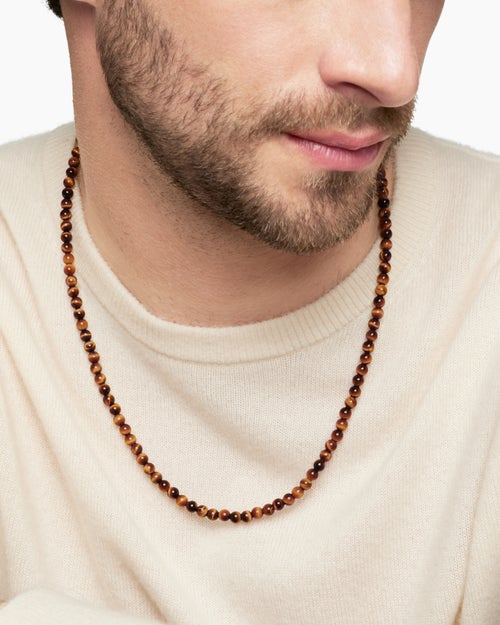 Mens Spiritual Beads Necklace with Tiger’s Eye and Sterling Silver, 5mm