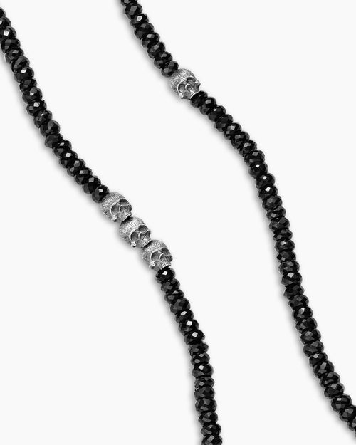 Mens Memento Mori Skull Station Necklace in Sterling Silver with Black Spinel, 6mm