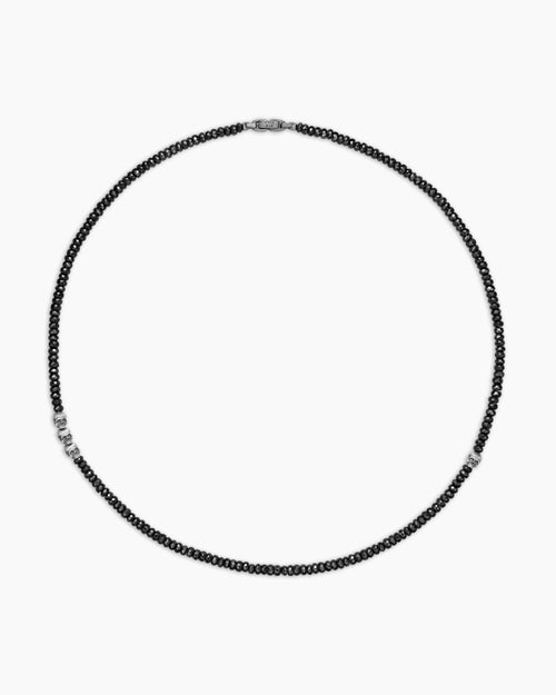 Mens Memento Mori Skull Station Necklace in Sterling Silver with Black Spinel, 6mm