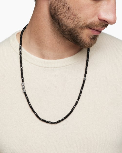 Mens Memento Mori Skull Station Necklace in Sterling Silver with Black Spinel, 6mm