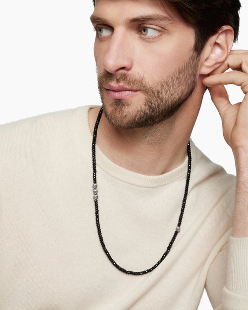 Mens Memento Mori Skull Station Necklace in Sterling Silver with Black Spinel, 6mm