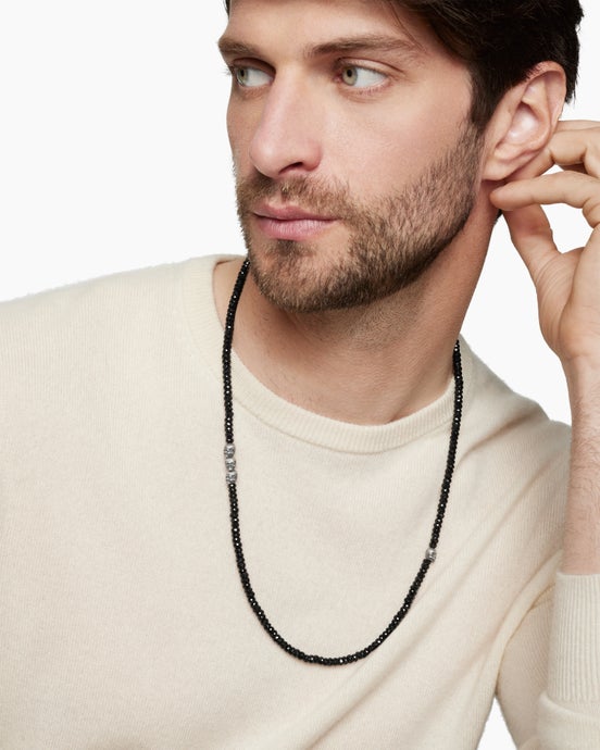 Memento Mori Skull Station Necklace in Sterling Silver with Black Spinel, 6mm