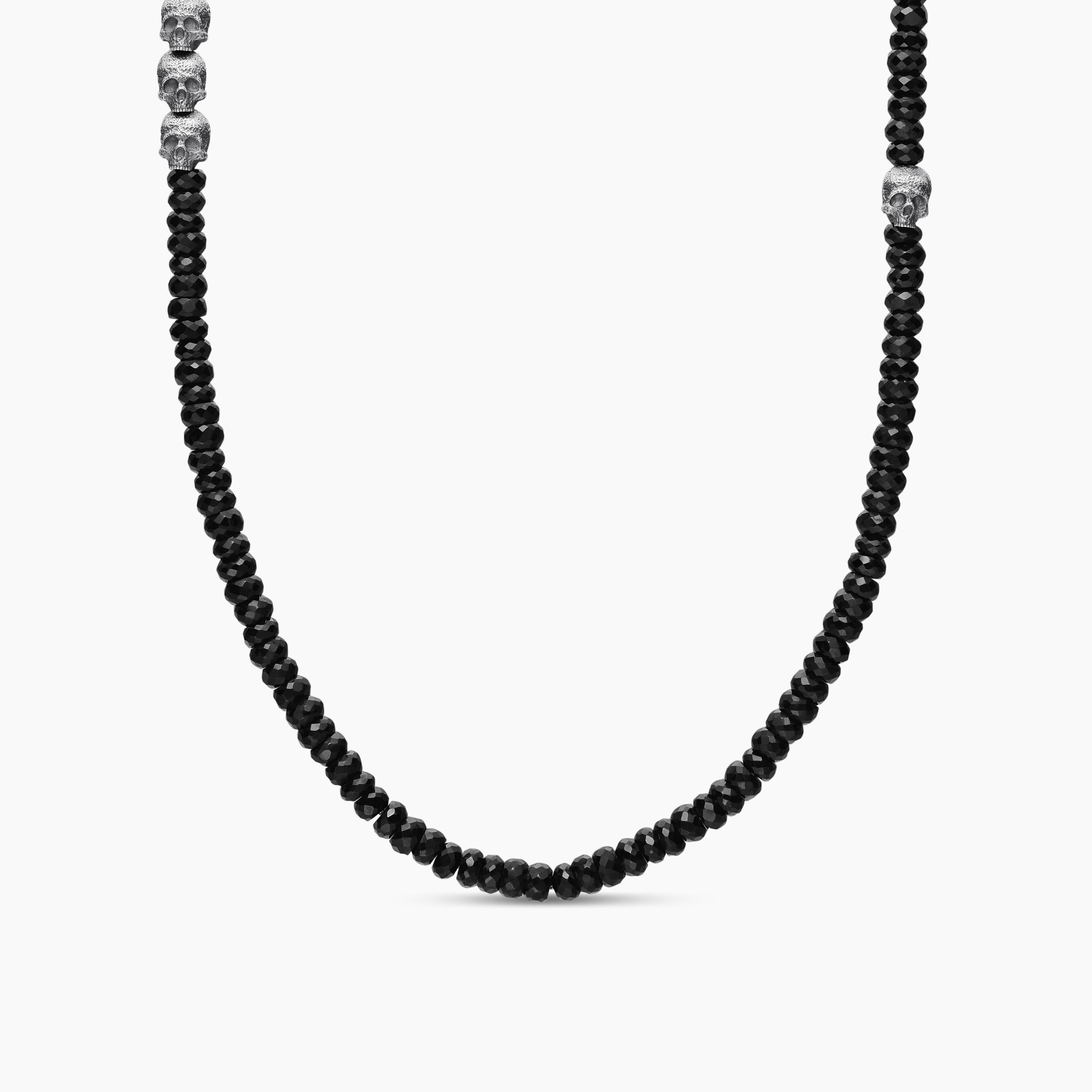 Mens Memento Mori Skull Station Necklace in Sterling Silver with Black Spinel, 6mm