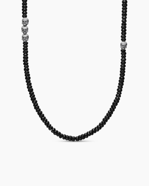 Mens Memento Mori Skull Station Necklace in Sterling Silver with Black Spinel, 6mm