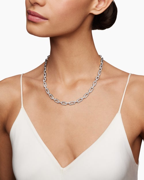 Womens Pavé Chain Necklace in 18ct White Gold with Diamonds, 7mm