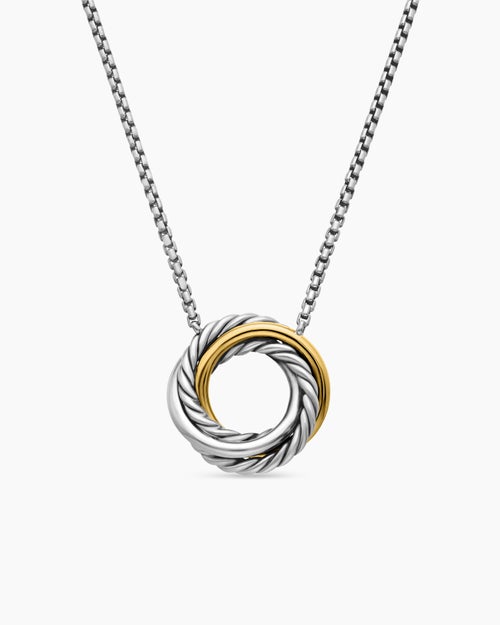 Womens Crossover Pendant Necklace in Sterling Silver with 18K Yellow Gold, 14.5mm