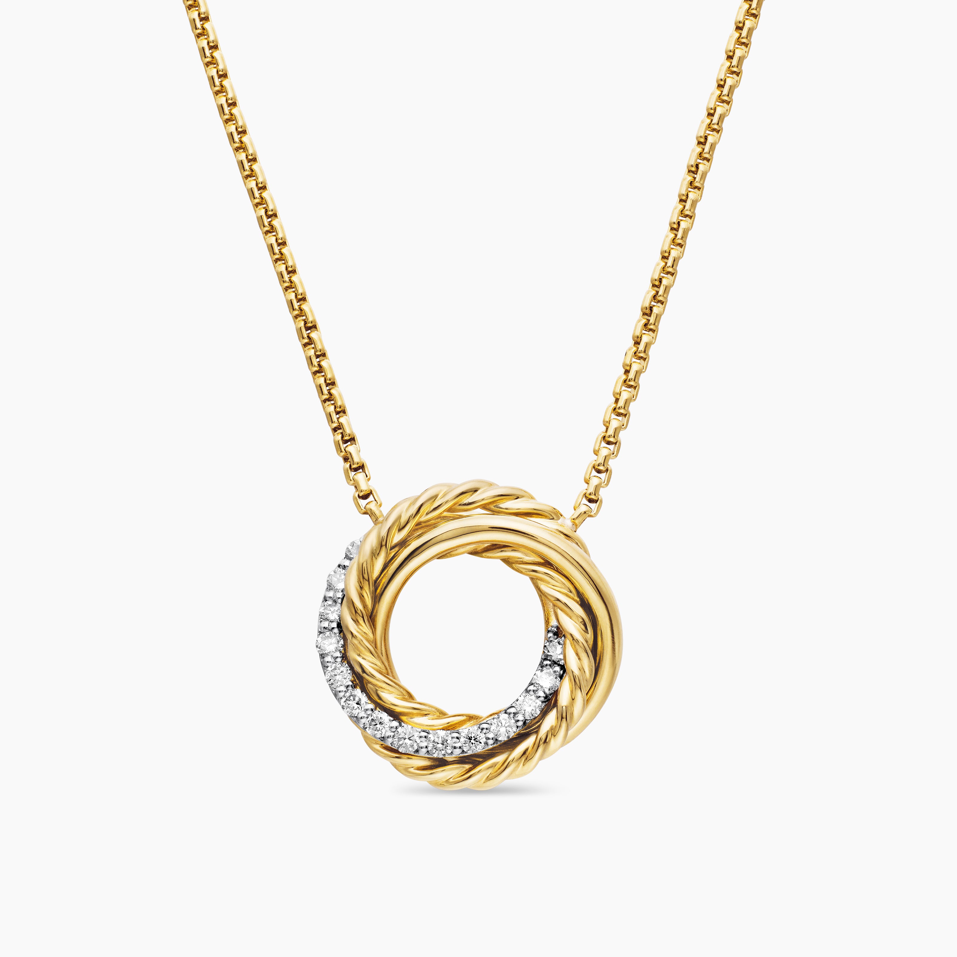 Womens Crossover Pendant Necklace in 18K Yellow Gold with Diamonds, 14.5mm
