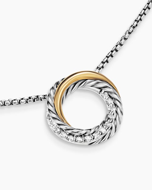 Womens Crossover Pendant Necklace in Sterling Silver with 18K Yellow Gold and Diamonds, 14.5mm