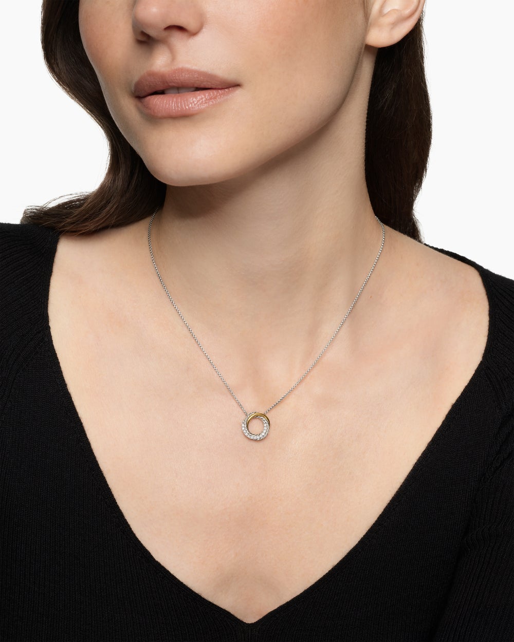 Womens Crossover Pendant Necklace in Sterling Silver with 18ct Yellow Gold and Diamonds, 14.5mm
