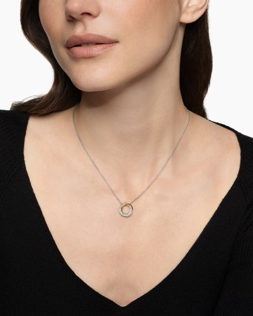 Womens Crossover Pendant Necklace in Sterling Silver with 18K Yellow Gold and Diamonds, 14.5mm