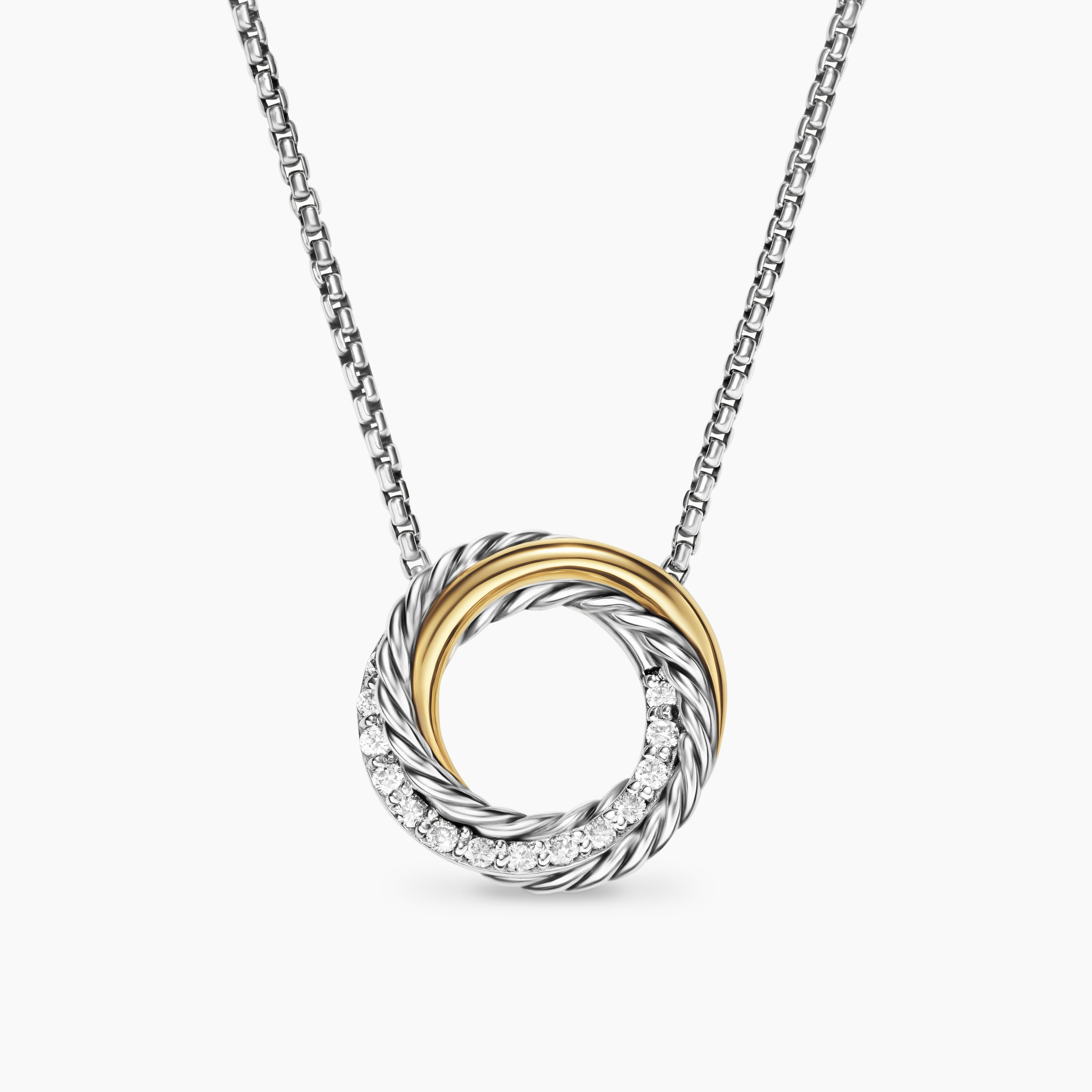Womens Crossover Pendant Necklace in Sterling Silver with 18K Yellow Gold and Diamonds, 14.5mm