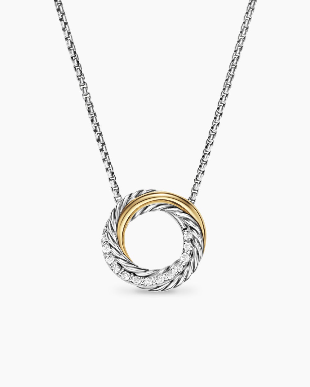 Womens Crossover Pendant Necklace in Sterling Silver with 18ct Yellow Gold and Diamonds, 14.5mm