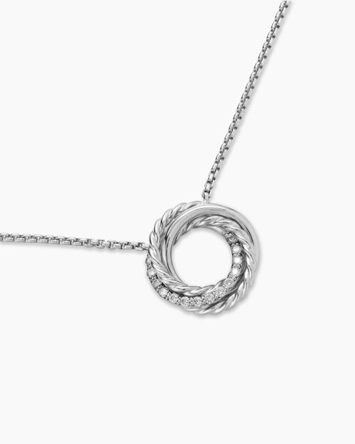 Womens Crossover Pendant Necklace in Sterling Silver with Diamonds, 14.5mm