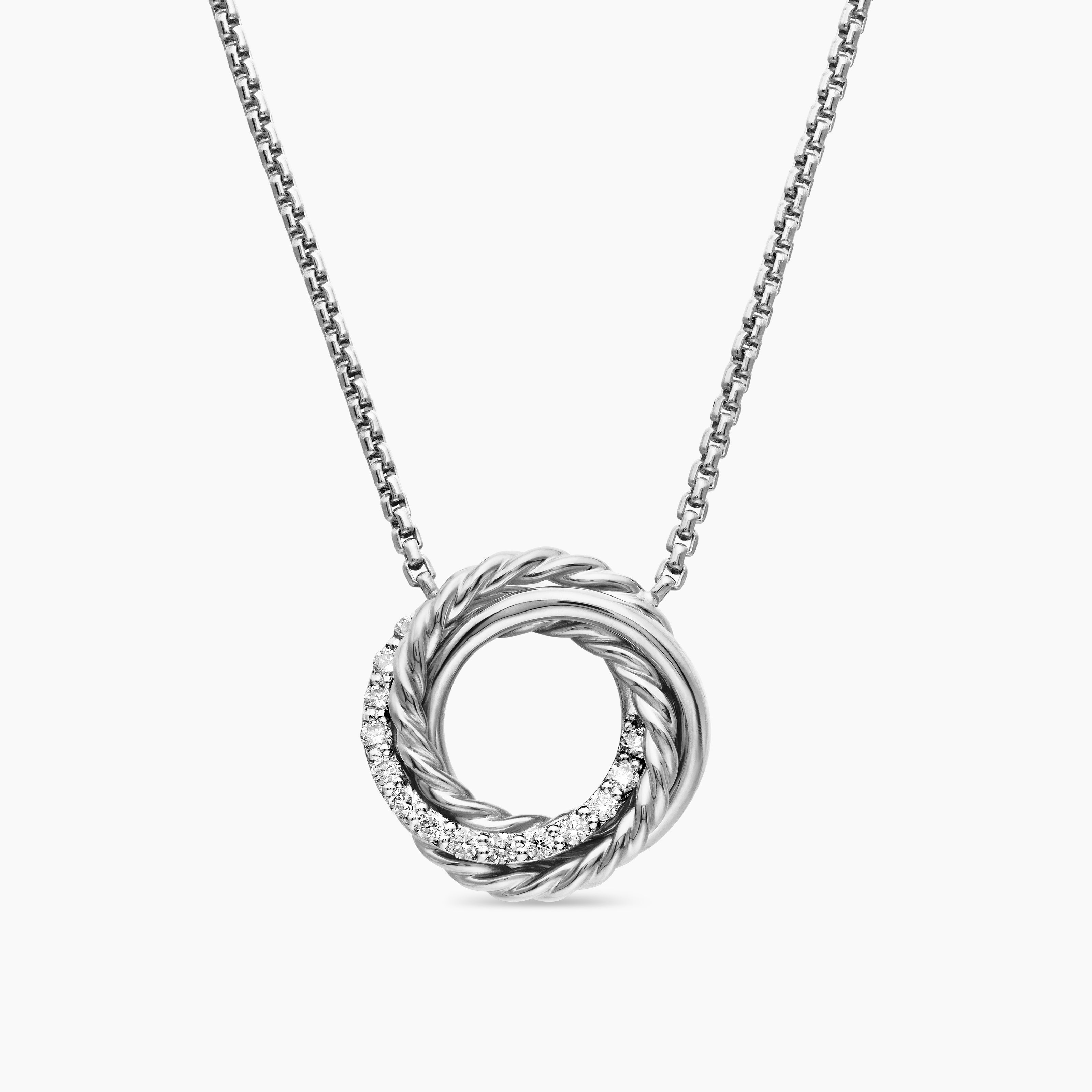 Womens Crossover Pendant Necklace in Sterling Silver with Diamonds, 14.5mm