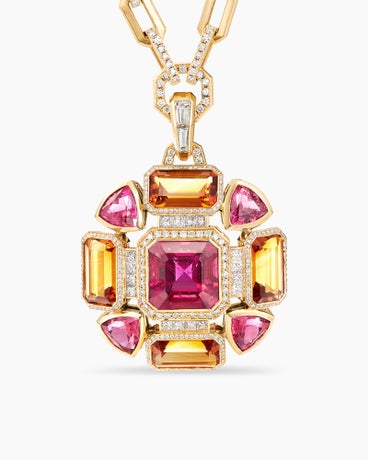 Novella Mosaic Pendant Necklace in 18K Yellow Gold with Rubellite, Madeira Citrine and Diamonds, 61mm