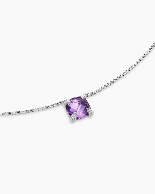 Womens Petite Chatelaine® Pendant Necklace in Sterling Silver with Amethyst and Diamonds, 9mm
