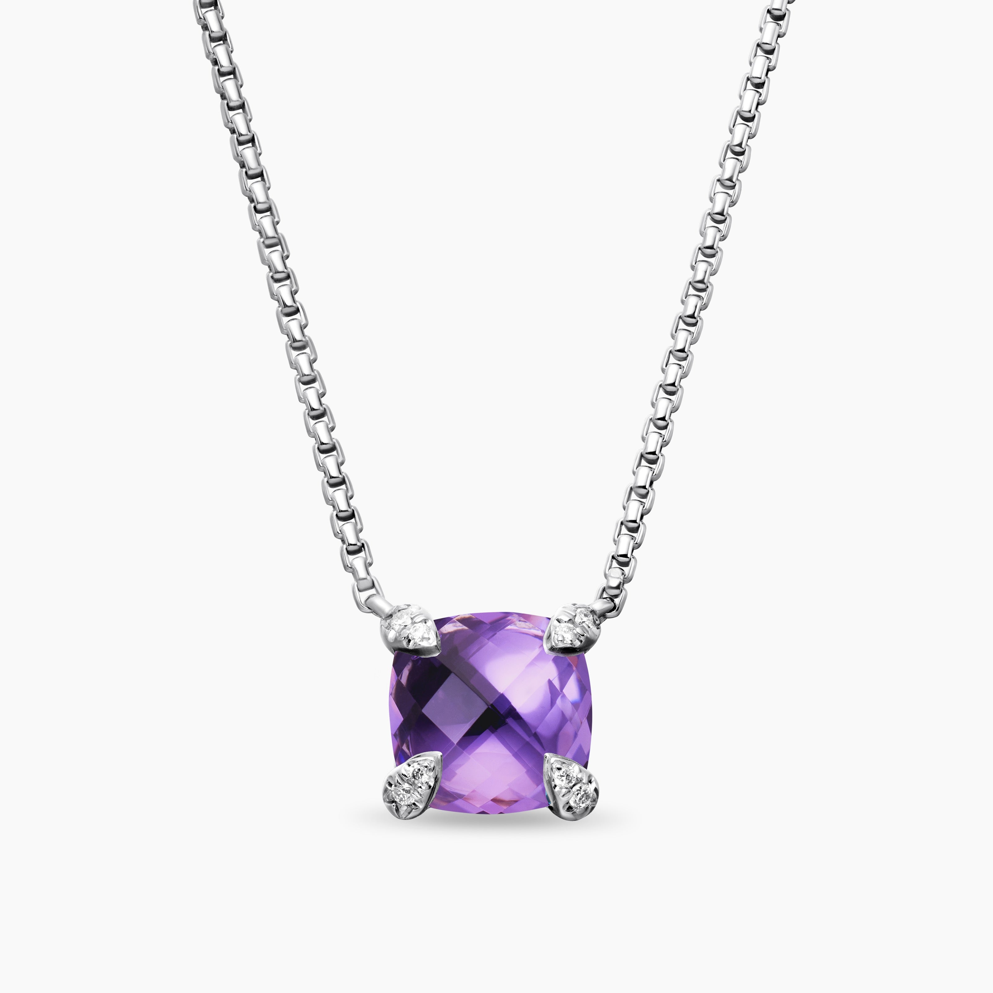 Womens Petite Chatelaine&reg; Pendant Necklace in Sterling Silver with Amethyst and Diamonds, 9mm