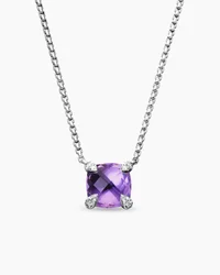 Petite Chatelaine® Pavé Bezel Pendant Necklace in Sterling Silver with Amethyst and Diamonds, 7mm