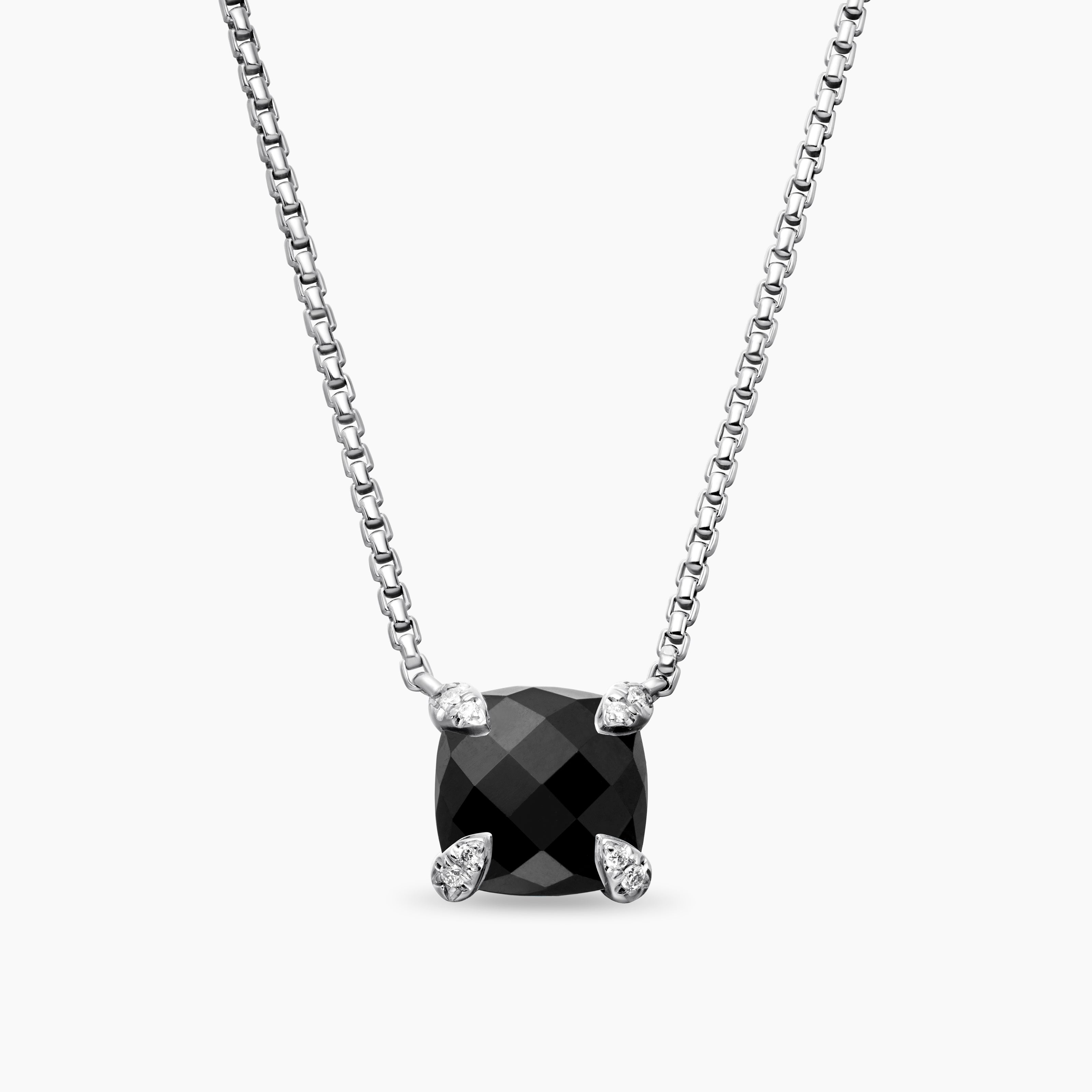 Womens Petite Chatelaine&reg; Pendant Necklace in Sterling Silver with Black Onyx and Diamonds, 9mm