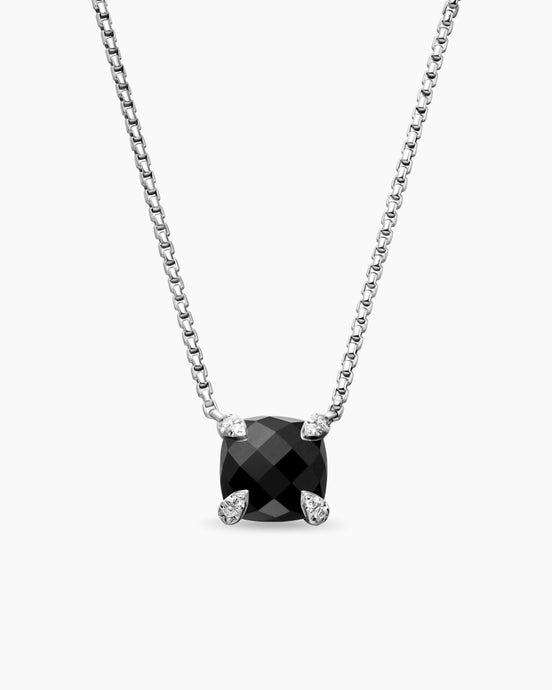 Petite Chatelaine® Pendant Necklace in Sterling Silver with Black Onyx and Diamonds, 9mm