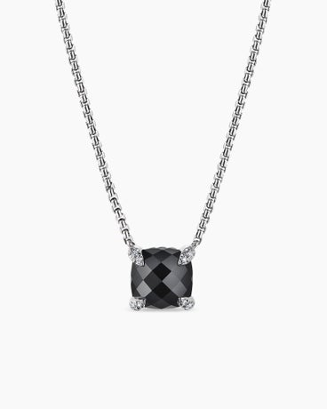 Collier à pendentif Chatelaine® de petite taille en argent massif avec onyx noir et diamants, 9 mm