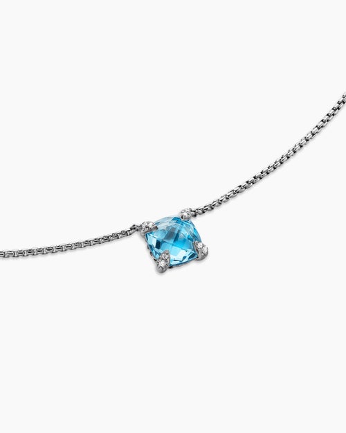 Womens Petite Chatelaine® Pendant Necklace in Sterling Silver with Blue Topaz and Diamonds, 9mm