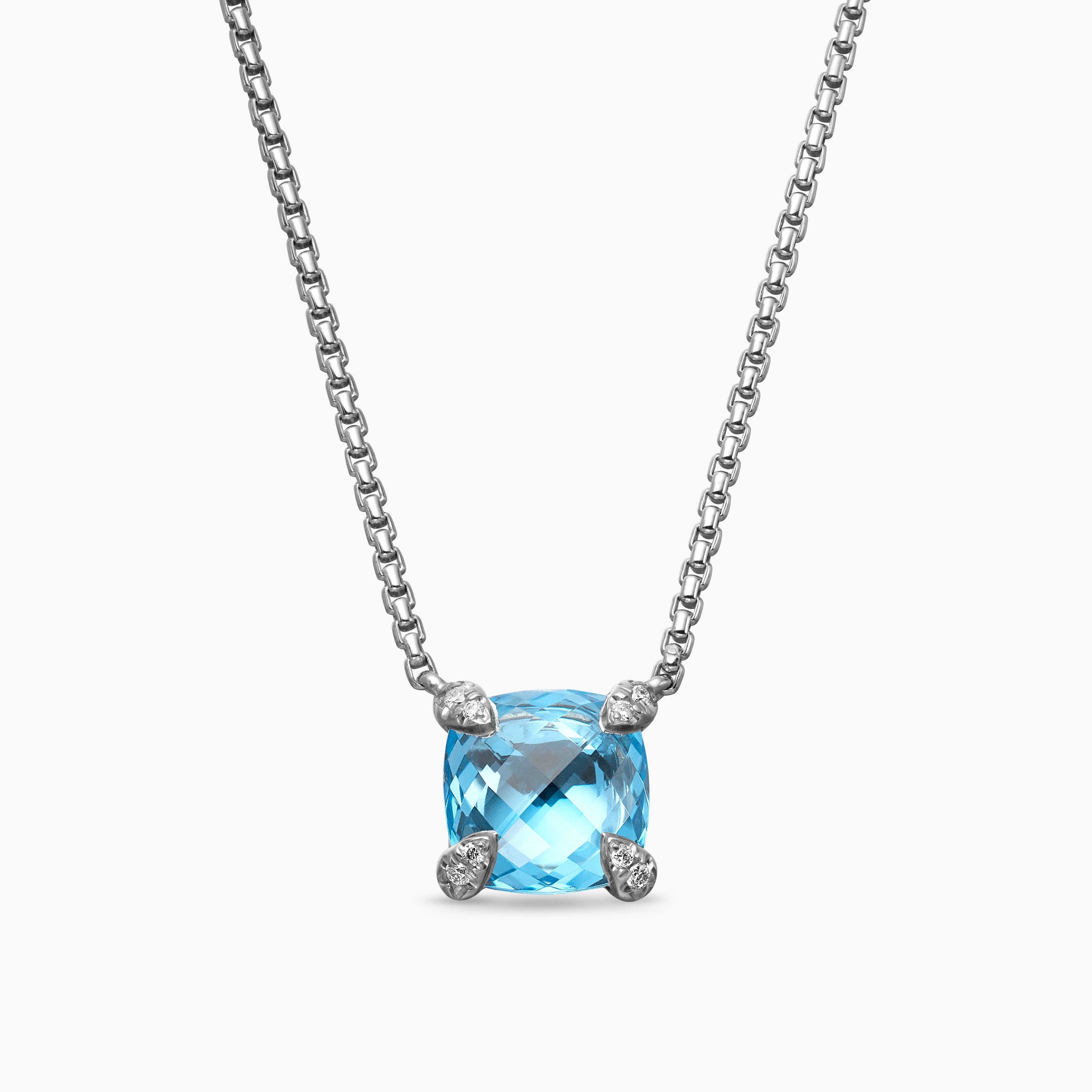 Womens Petite Chatelaine&reg; Pendant Necklace in Sterling Silver with Blue Topaz and Diamonds, 9mm