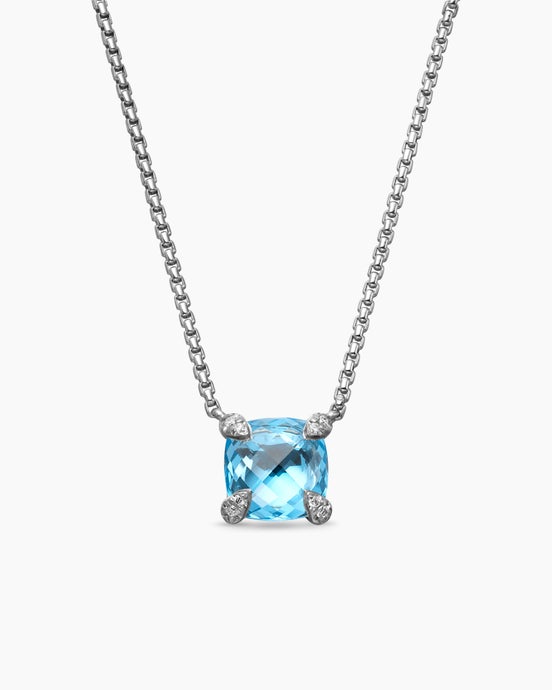 Petite Chatelaine® Pendant Necklace in Sterling Silver with Blue Topaz and Diamonds, 9mm
