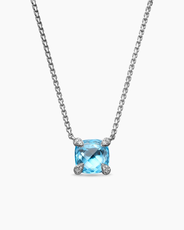 Petite Chatelaine® Pendant Necklace in Sterling Silver with Blue Topaz and Diamonds, 9mm