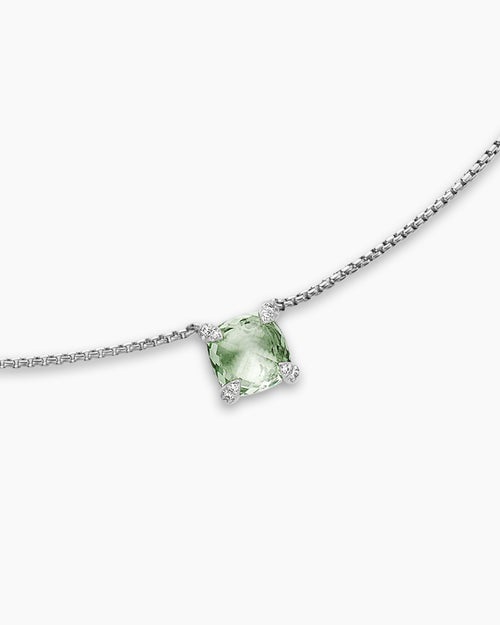Womens Petite Chatelaine® Pendant Necklace in Sterling Silver with Prasiolite and Diamonds, 9mm