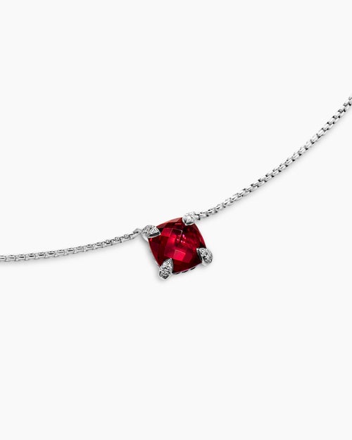 Womens Petite Chatelaine® Pendant Necklace in Sterling Silver with Rhodolite Garnet and Diamonds, 9mm