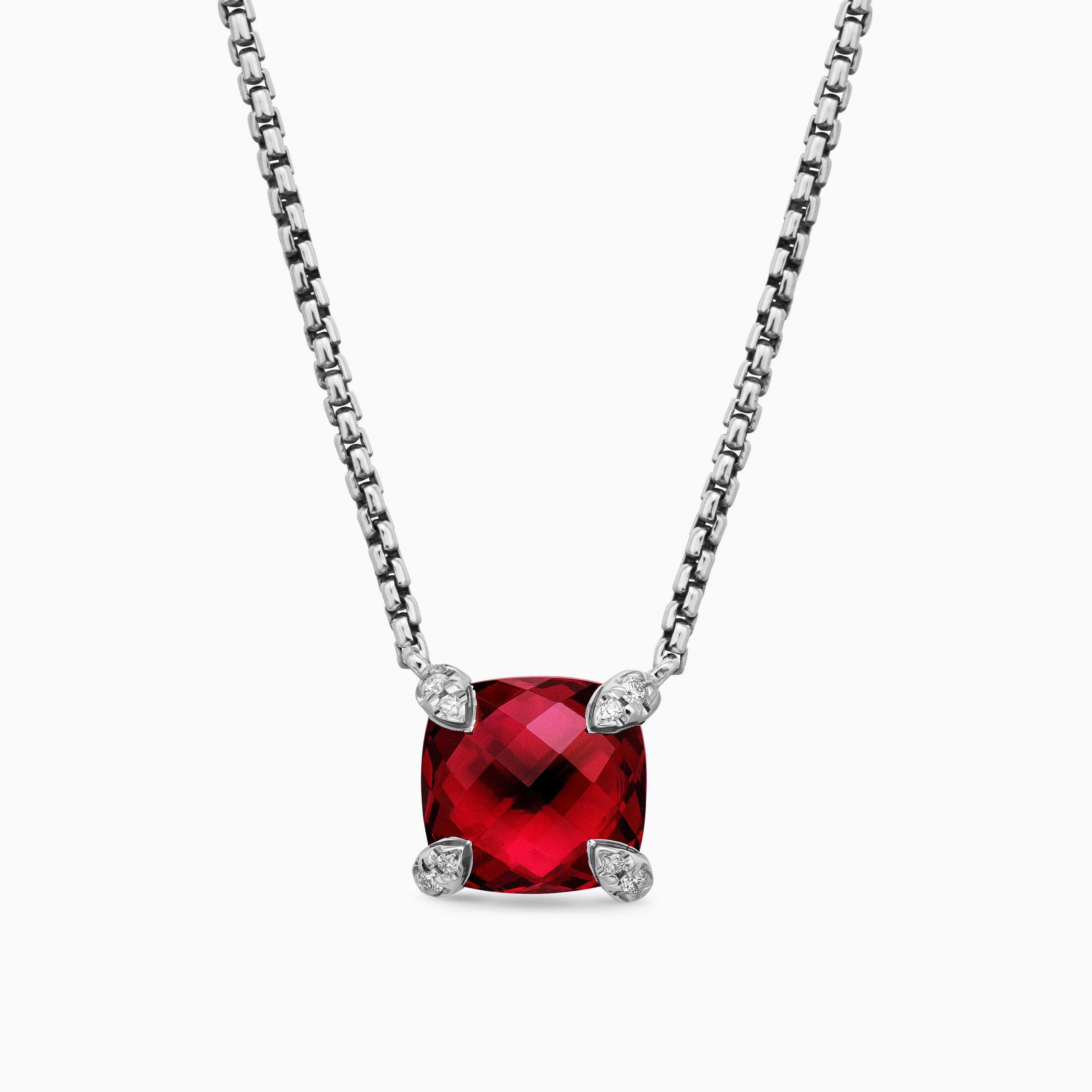 Womens Petite Chatelaine&reg; Pendant Necklace in Sterling Silver with Rhodolite Garnet and Diamonds, 9mm