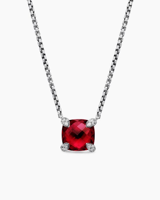 Petite Chatelaine® Pendant Necklace in Sterling Silver with Rhodolite Garnet and Diamonds, 9mm