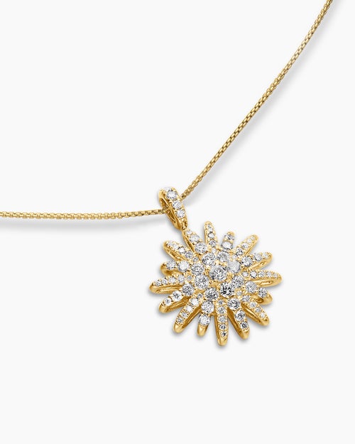 Womens Starburst Pendant Necklace in 18K Yellow Gold with Diamonds, 20mm