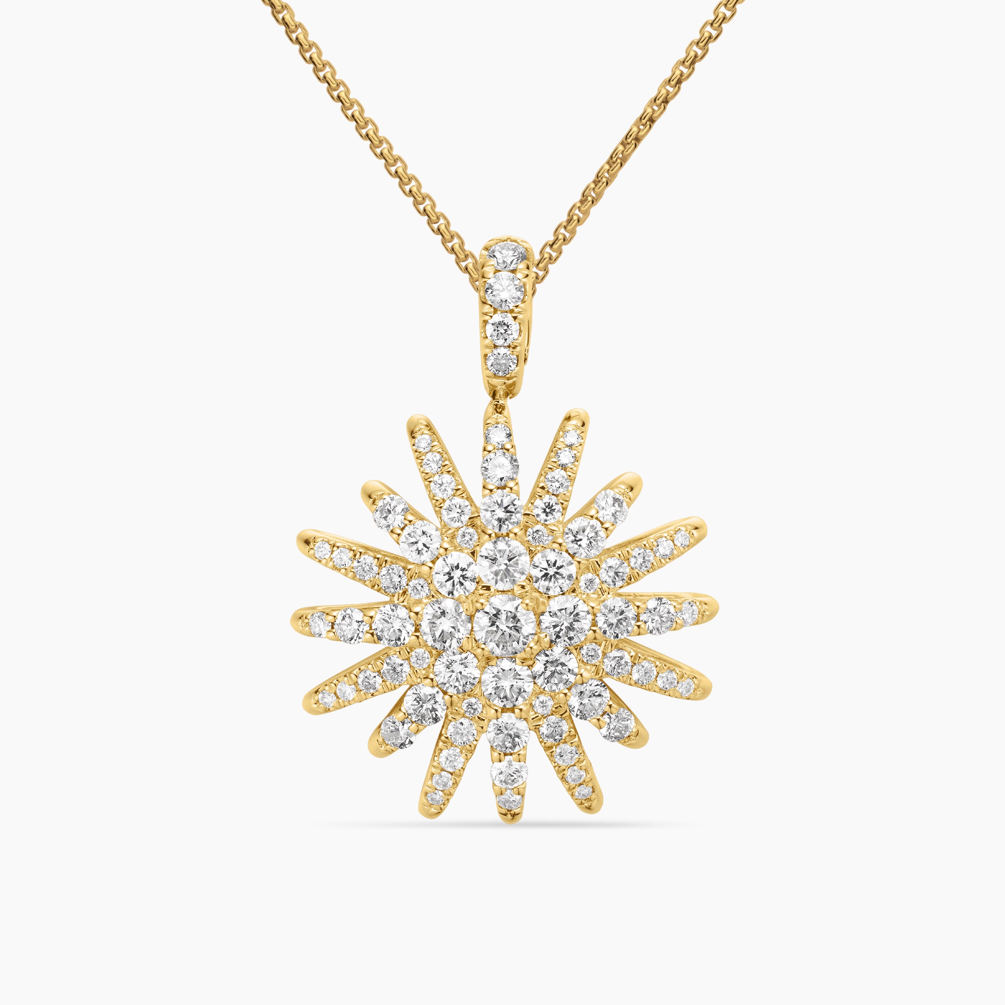 Womens Starburst Pendant Necklace in 18K Yellow Gold with Diamonds, 20mm