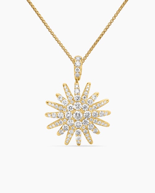 Womens Starburst Pendant Necklace in 18K Yellow Gold with Diamonds, 20mm