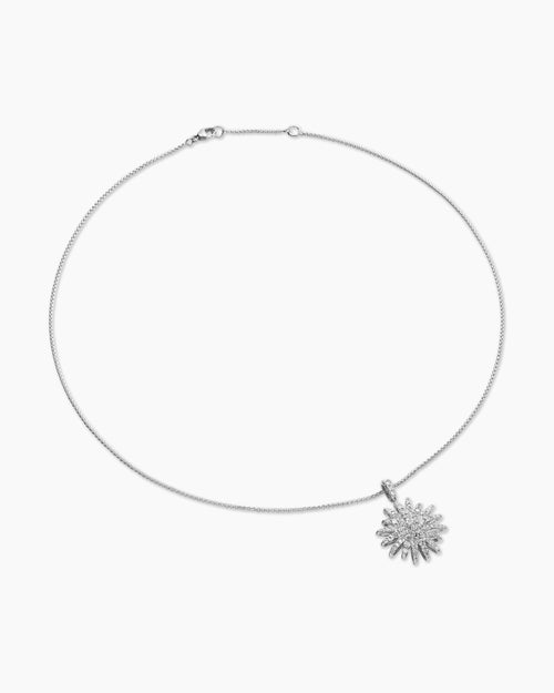 Womens Starburst Pendant Necklace in 18K White Gold with Diamonds, 20mm