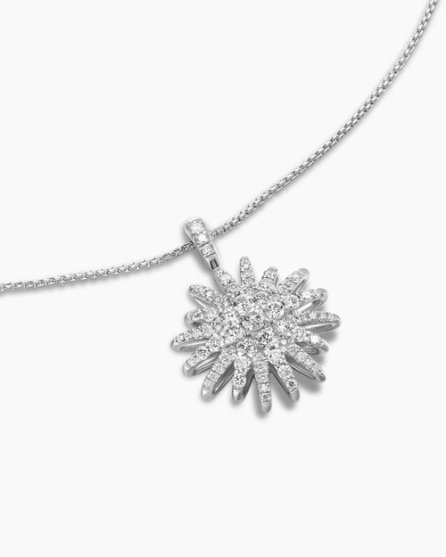 Womens Starburst Pendant Necklace in 18K White Gold with Diamonds, 20mm