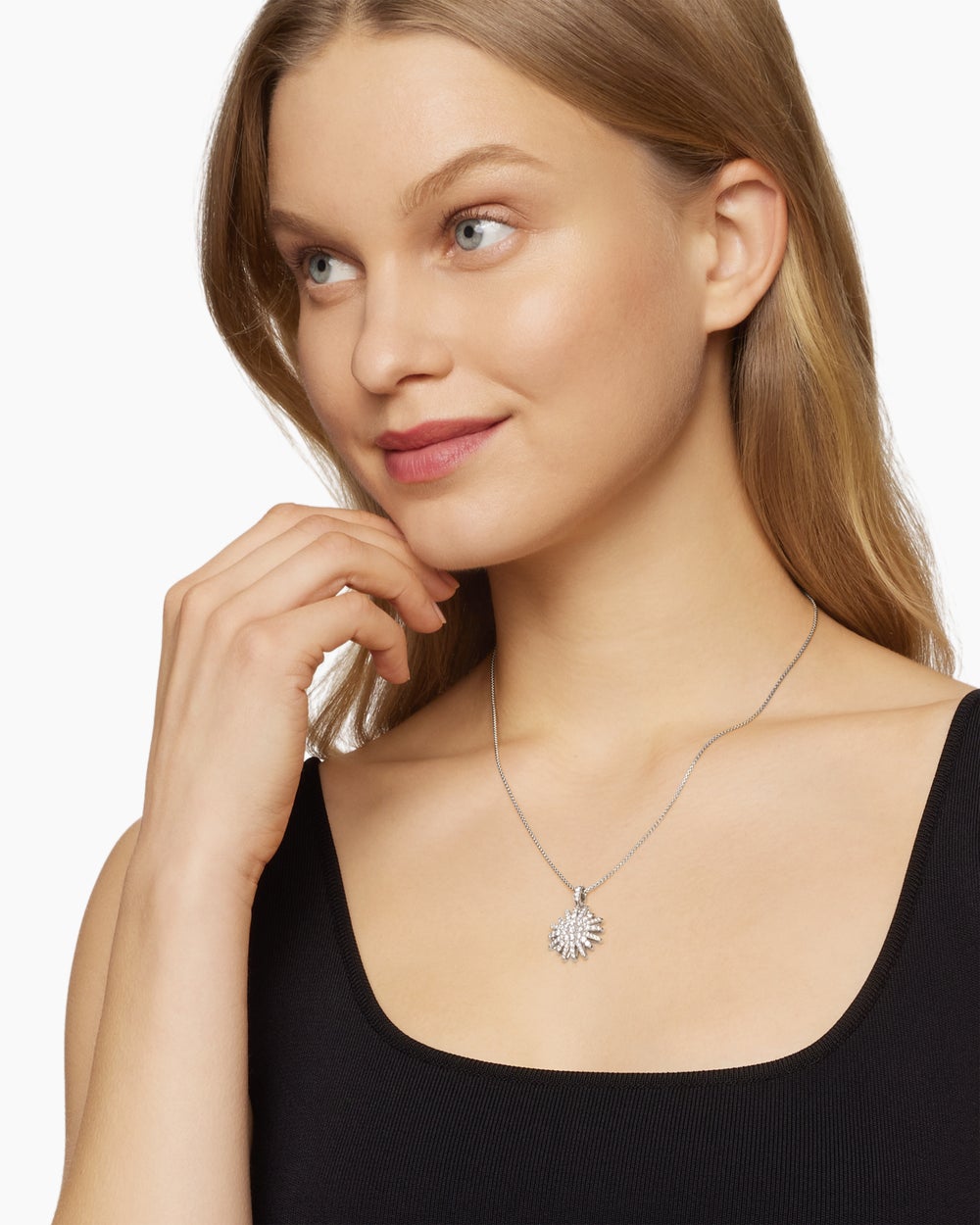 Womens Starburst Pendant Necklace in 18K White Gold with Diamonds, 20mm