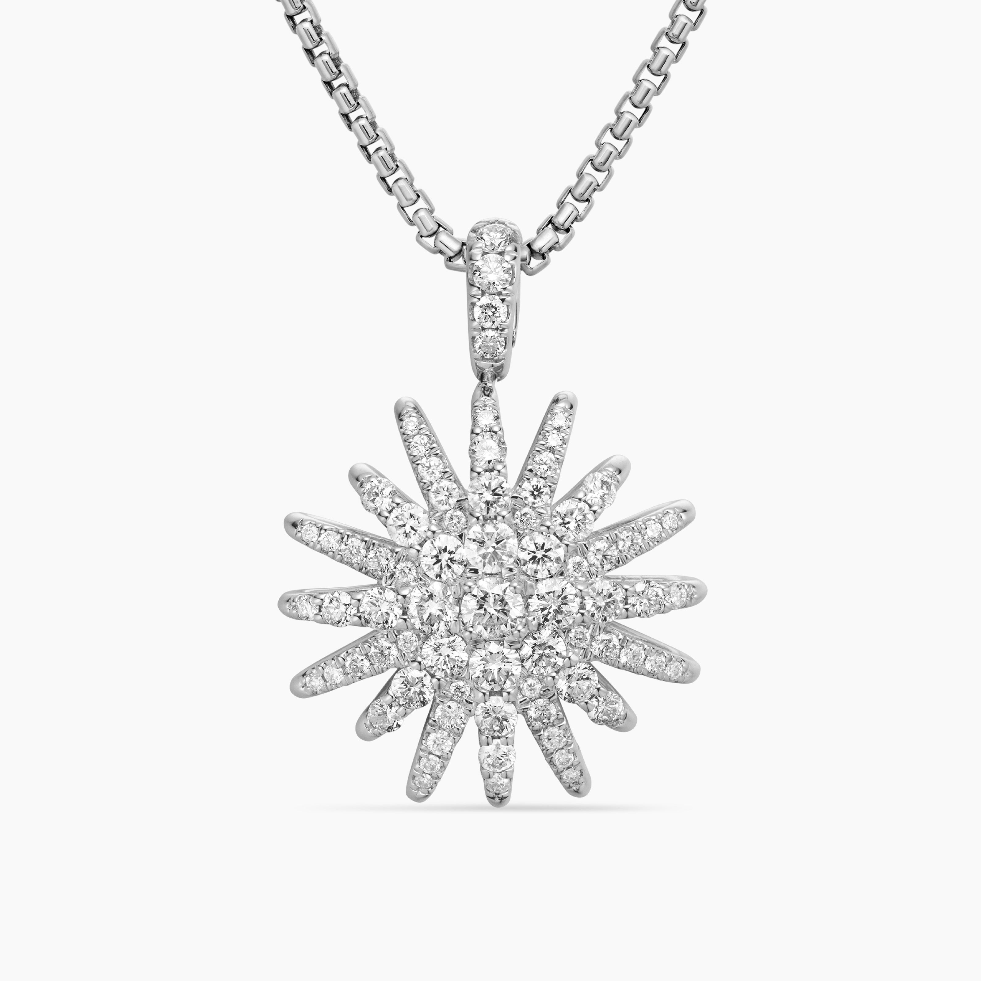 Womens Starburst Pendant Necklace in 18K White Gold with Diamonds, 20mm