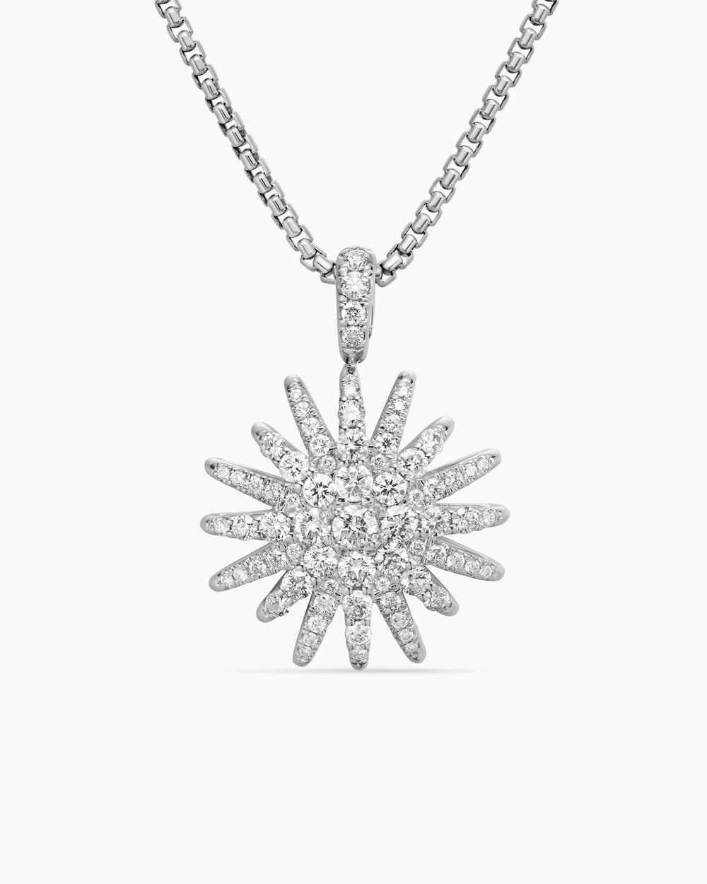 Womens Starburst Pendant Necklace in 18K White Gold with Diamonds, 20mm