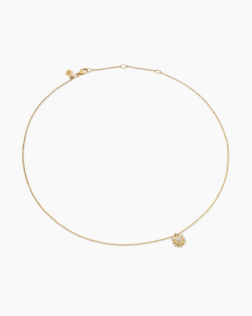 Womens Petite Starburst Pendant Necklace in 18K Yellow Gold with Diamonds, 10.5mm